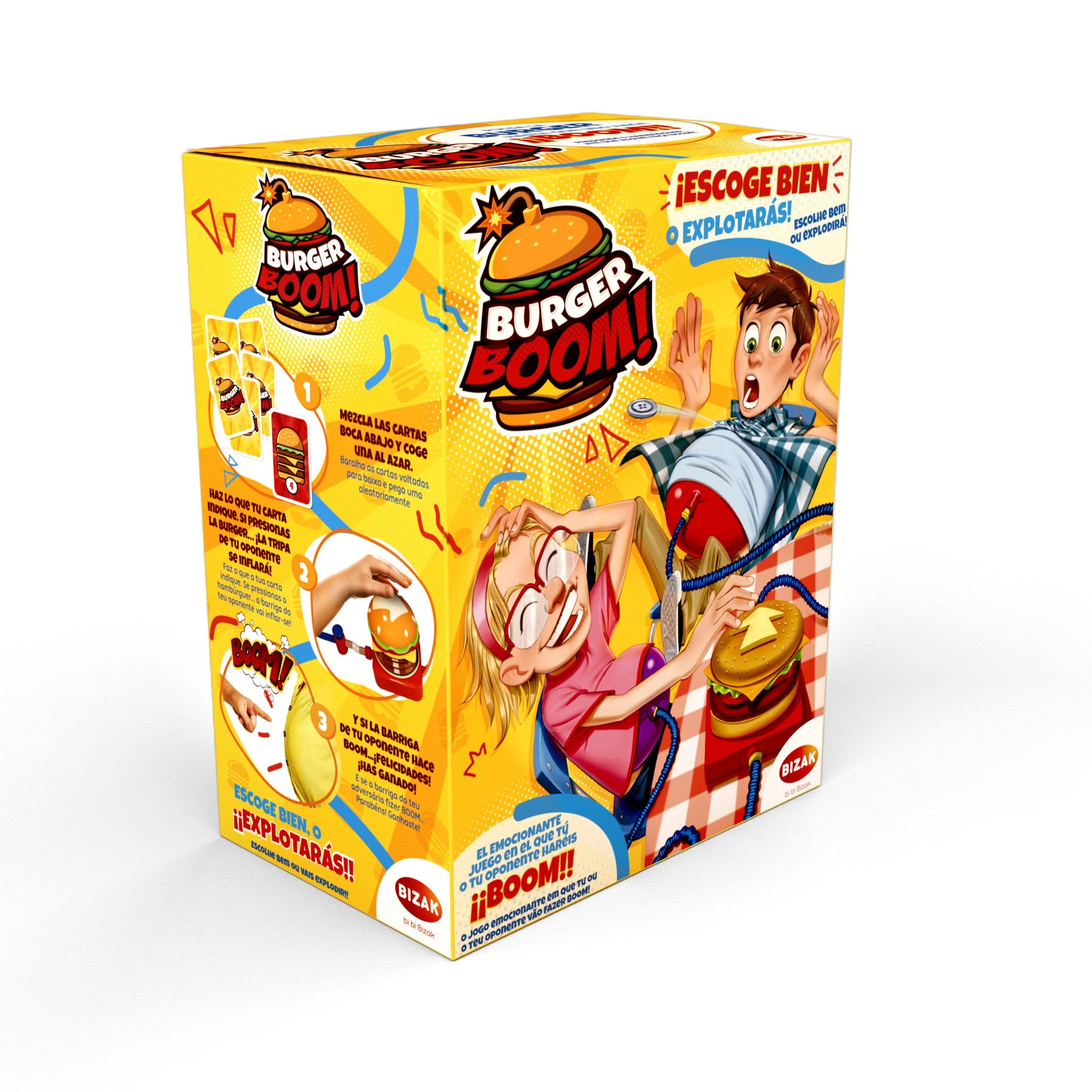 La caja muestra el juego Burger Boom. Las ilustraciones muestran una hamburguesa explotando y dos personas reaccionando. Fondo amarillo.