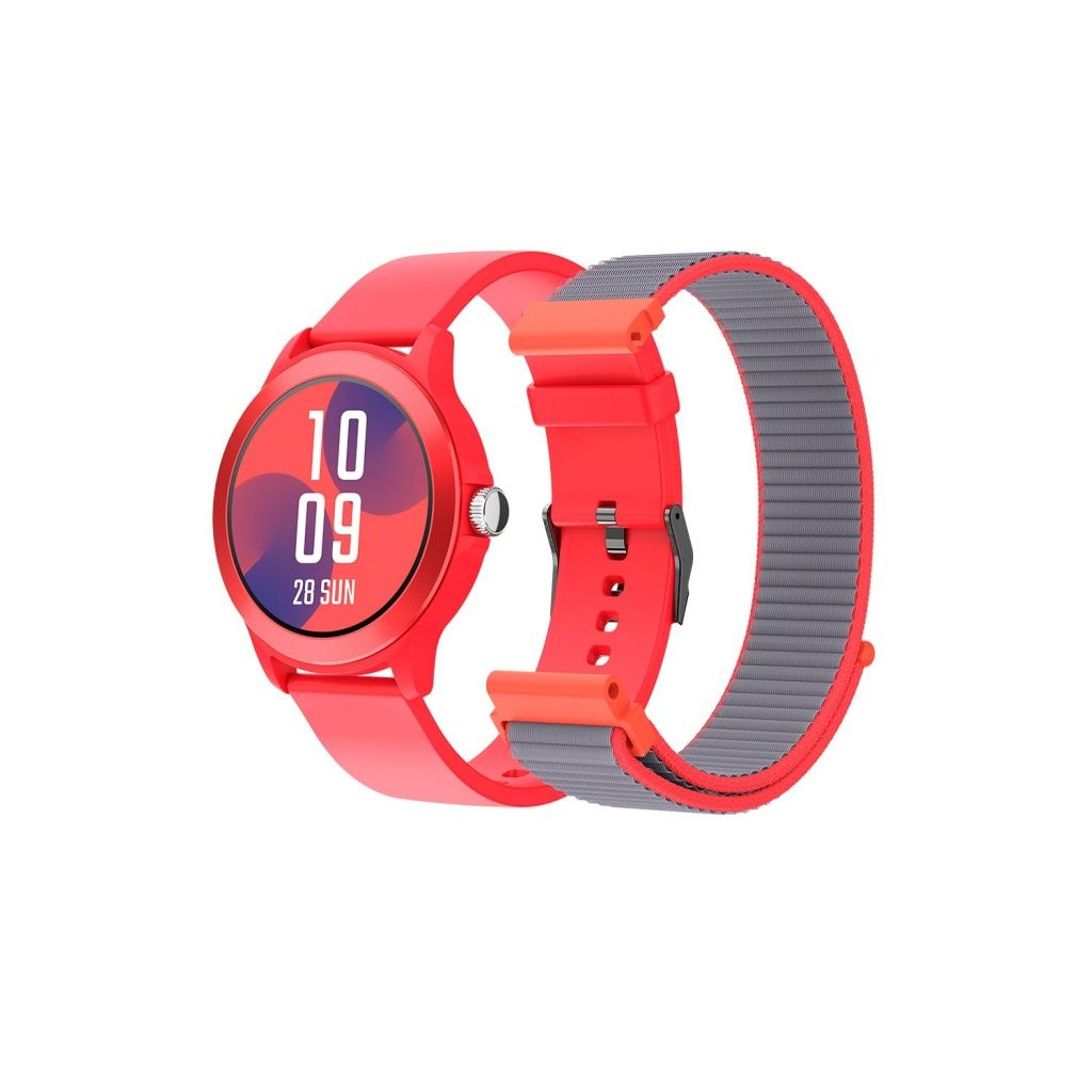 Uno smartwatch rosso con cinturino grigio e arancione su sfondo bianco. L'orologio mostra le 10:09 e la data.
