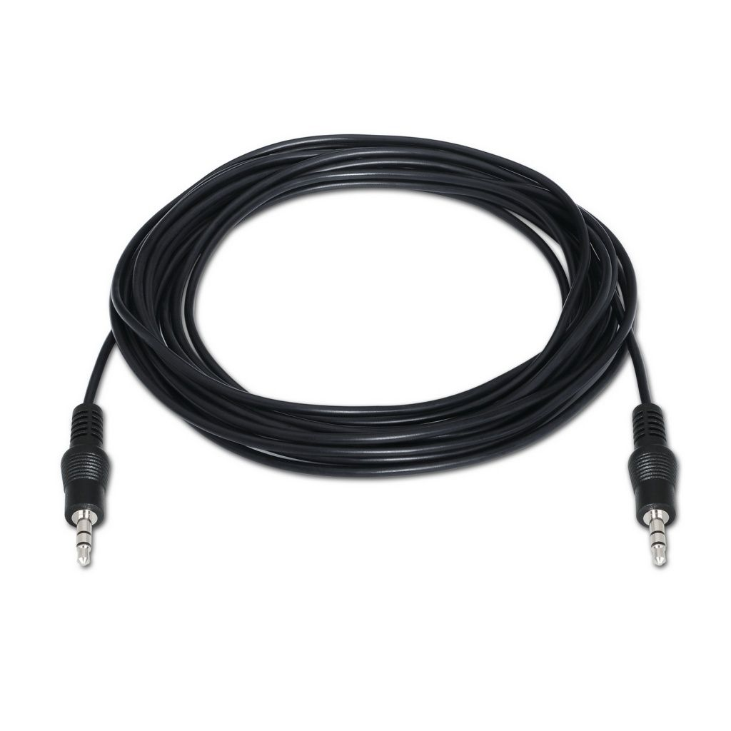 Un cable de audio negro sobre un fondo blanco. Dos conectores jack de 3,5 mm en los extremos. El cable está enrollado en forma circular.