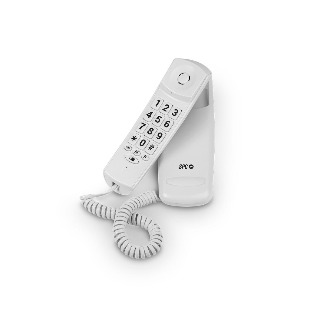 Un teléfono SPC blanco con auricular y base. El auricular tiene botones numerados y un cable en espiral. El fondo es blanco.