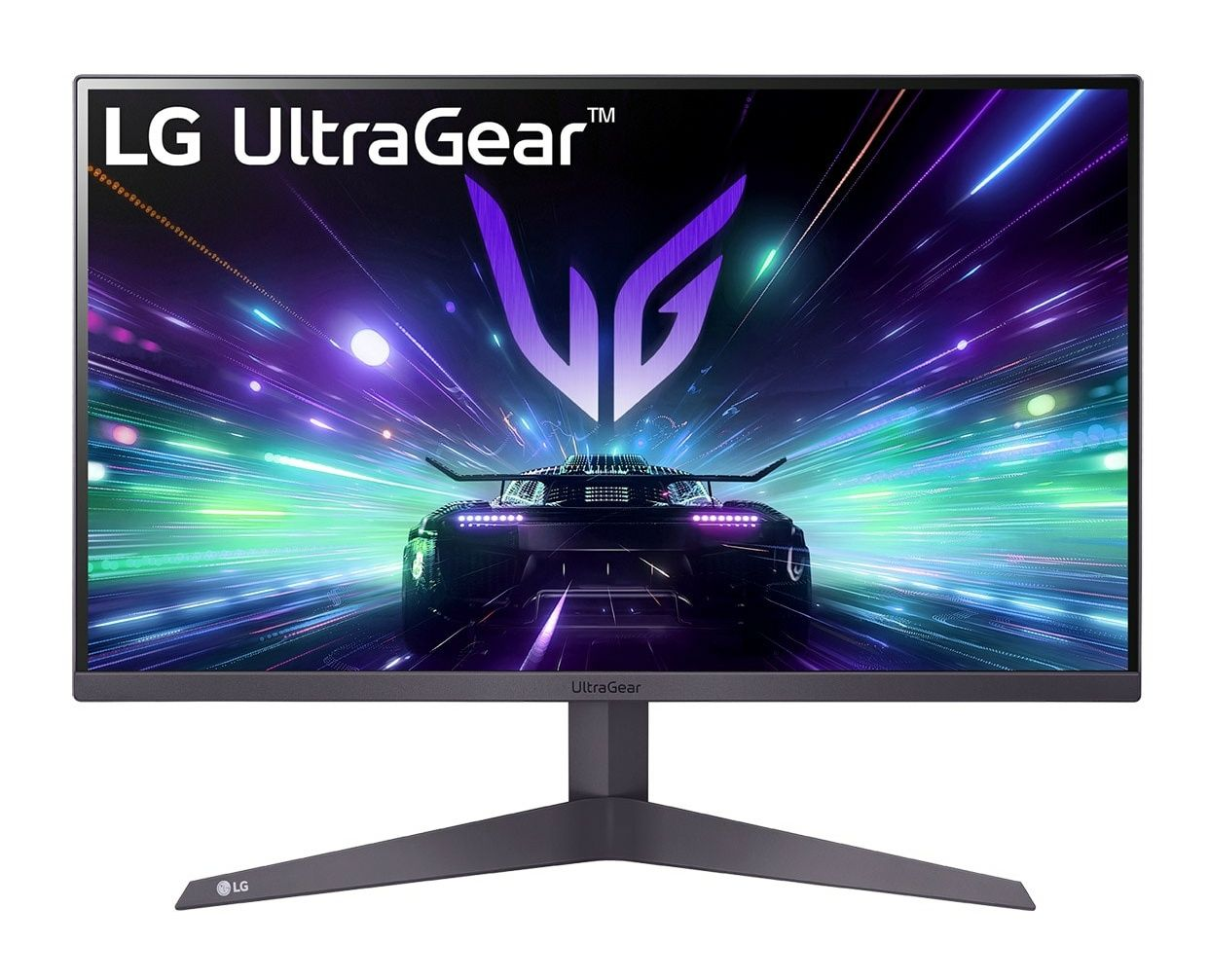 Monitor LG UltraGear. Ekran wyświetla samochód wyścigowy na kolorowym, rozmytym tle. Monitor stoi na ciemnej podstawie.