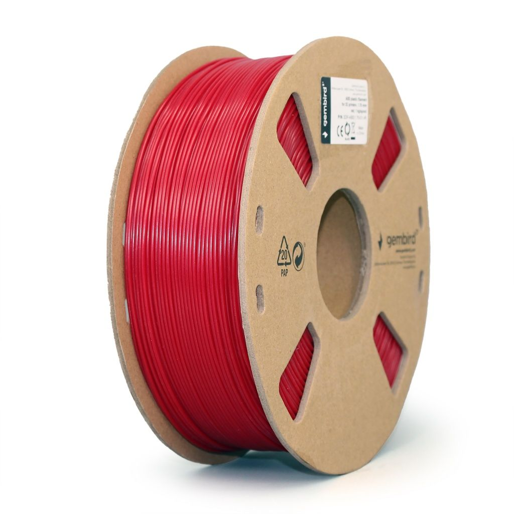 Eine rote Filamentrolle für den 3D-Druck. Die Spule ist rot mit einer Kartonseite. Der Markenname ist sichtbar.
