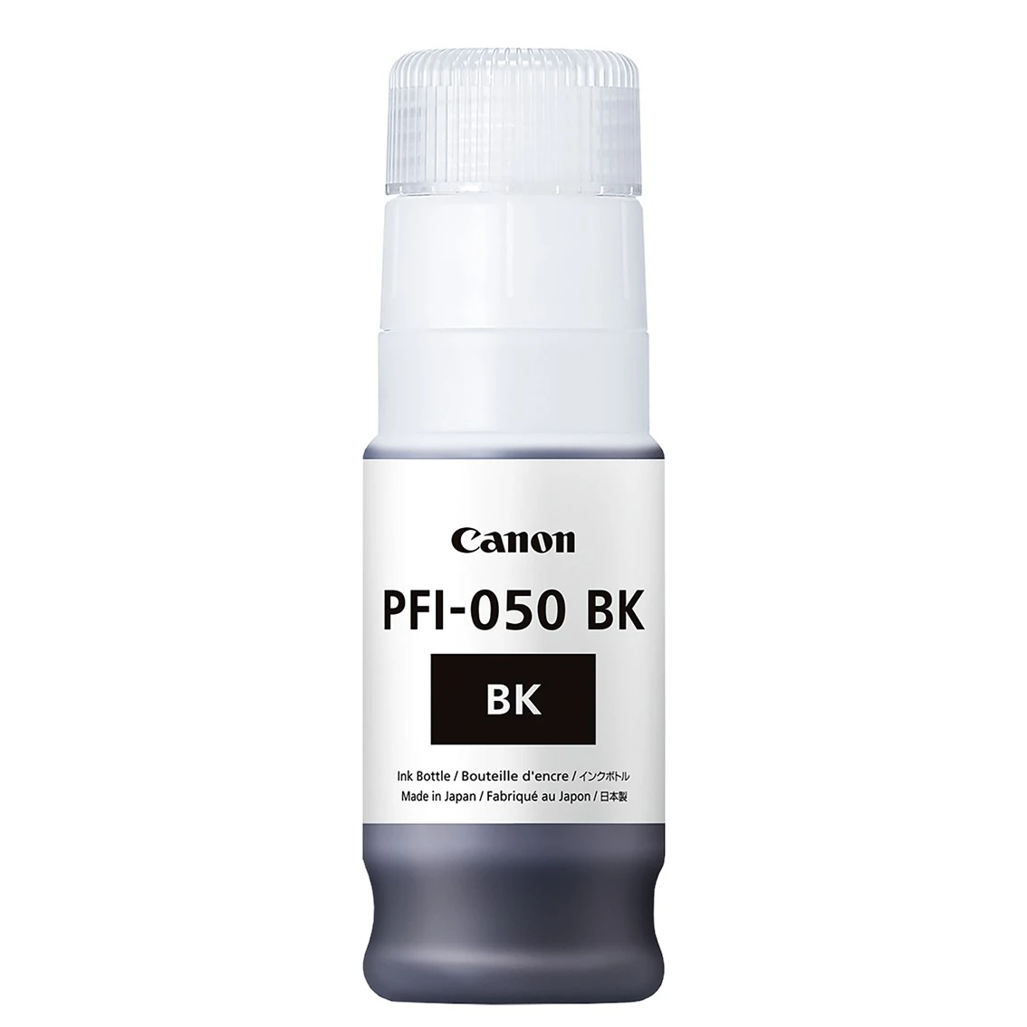 Una bottiglia di inchiostro Canon, PFI-050 BK, con tappo ed etichetta bianchi. L'etichetta mostra 'BK' e 'Ink Bottle', prodotto in Giappone.