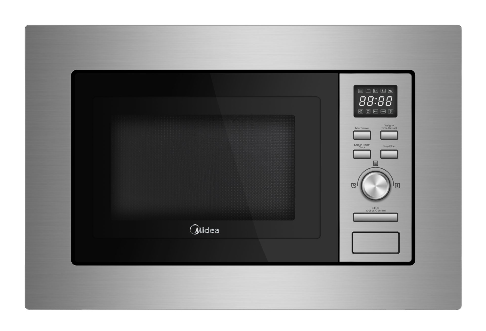 Un forno a microonde Midea in acciaio inossidabile integrato in un telaio. Ha un display digitale e pulsanti di controllo.