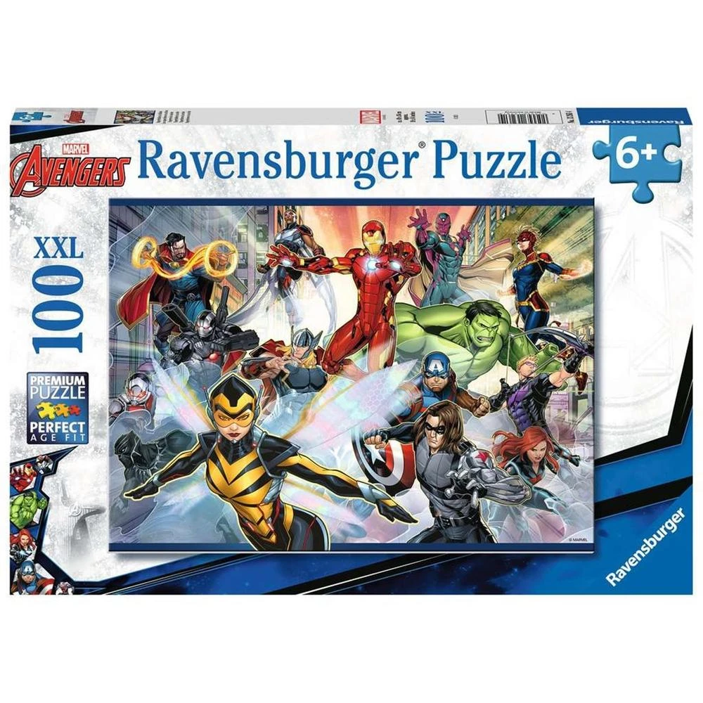 Puzzle Marvel Avengers da 100 pezzi. Presenta vari personaggi degli Avengers, tra cui Iron Man, Capitan America e Hulk. Marchio Ravensburger.