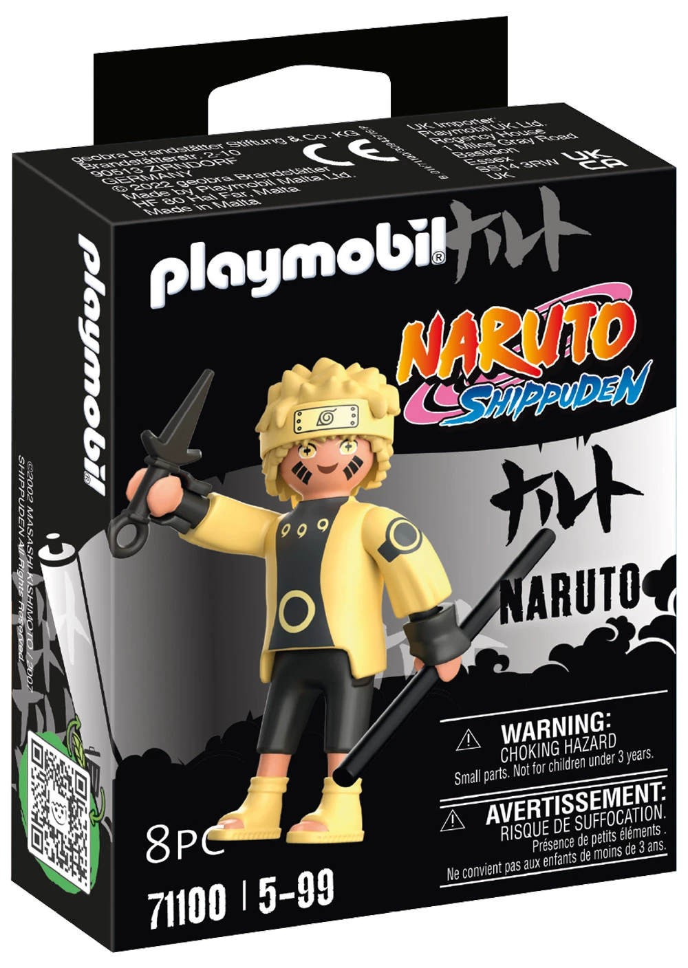 Playmobil Naruto Figur in einer Box. Es ist Naruto mit gelber Jacke, schwarzer Hose, hält Waffen.