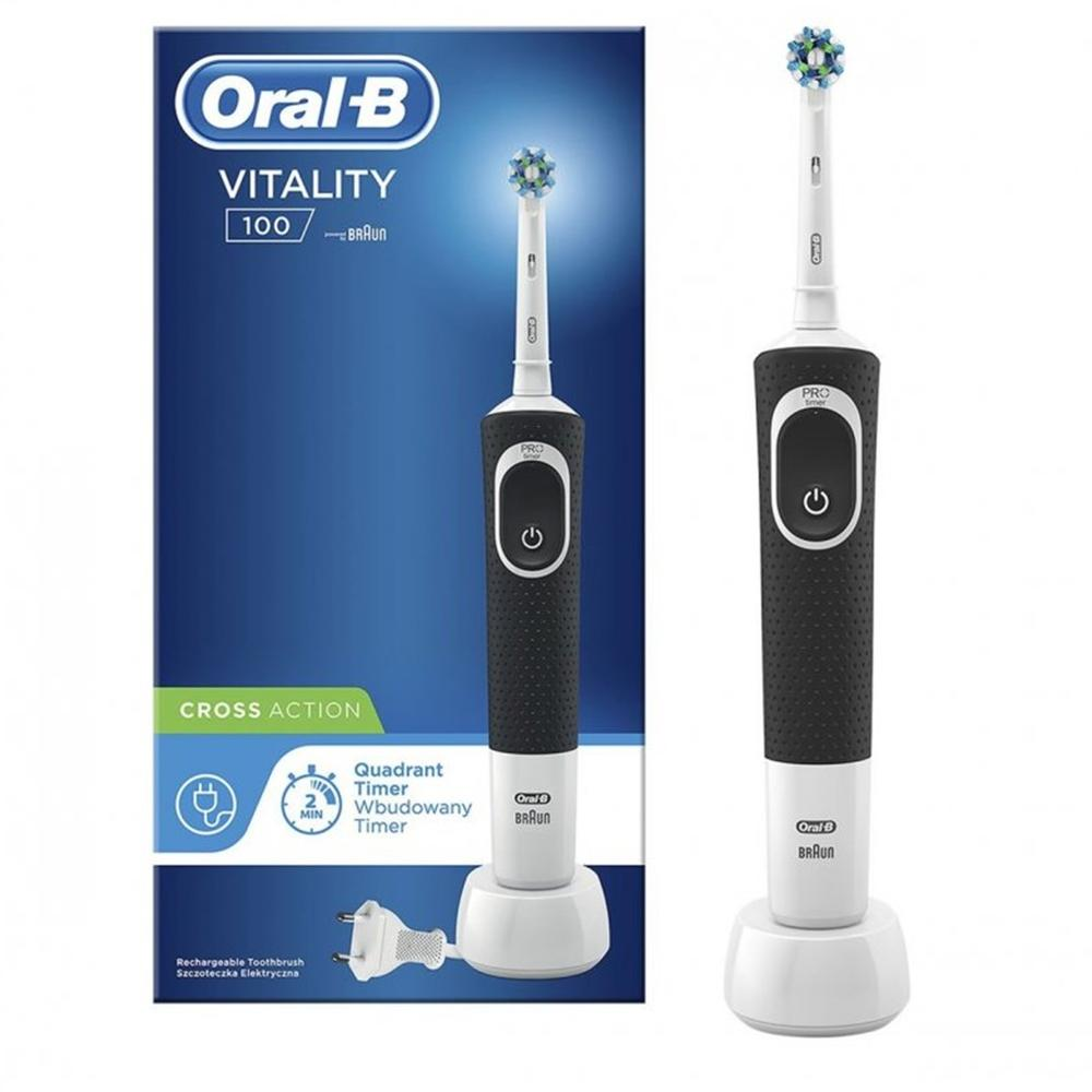 Bir Oral-B Vitality elektrikli diş fırçası ve şarj istasyonu görüntüleniyor. Ambalaj, çapraz hareket ve zamanlayıcı gibi özelliklerin detaylarını içerir.