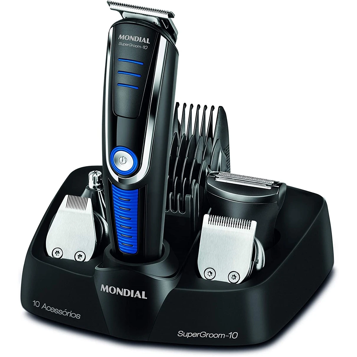 Un kit de aseo Mondial SuperGroom-10 negro y azul. Incluye un recortador, varios accesorios y una base de carga. '10 Acessórios' es visible.