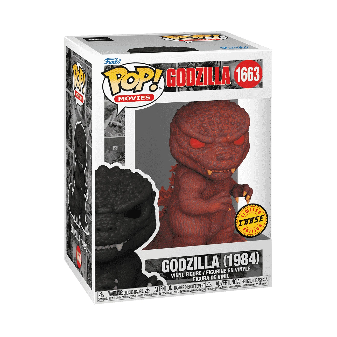 Una figura de Funko Pop de Godzilla en una caja. La figura es roja con ojos brillantes. La caja tiene el logotipo y el texto de Funko Pop Movies.