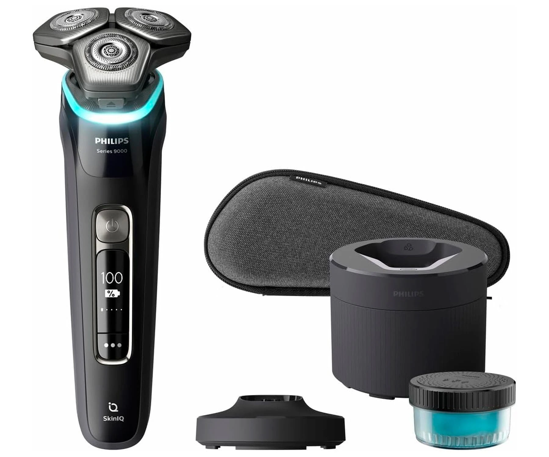Golarka elektryczna Philips Series 9000, stacja ładująca, wkład czyszczący, etui podróżne i stojak są wyświetlane na białym tle.