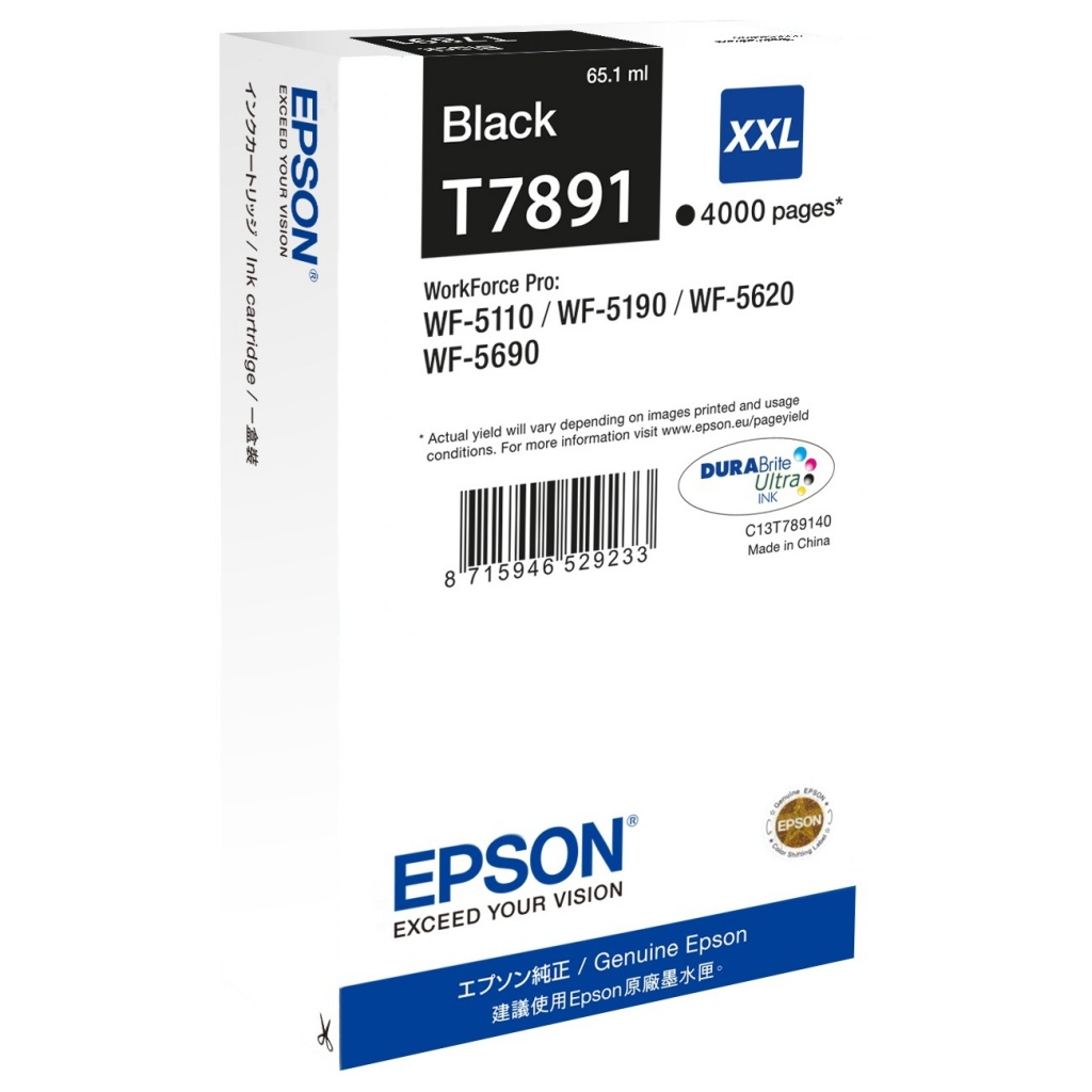 Pudełko z wkładem atramentowym Epson T7891. Czarny tusz, rozmiar XXL, 4000 stron. Pasuje do drukarek WF-5110, WF-5190, WF-5620, WF-5690.