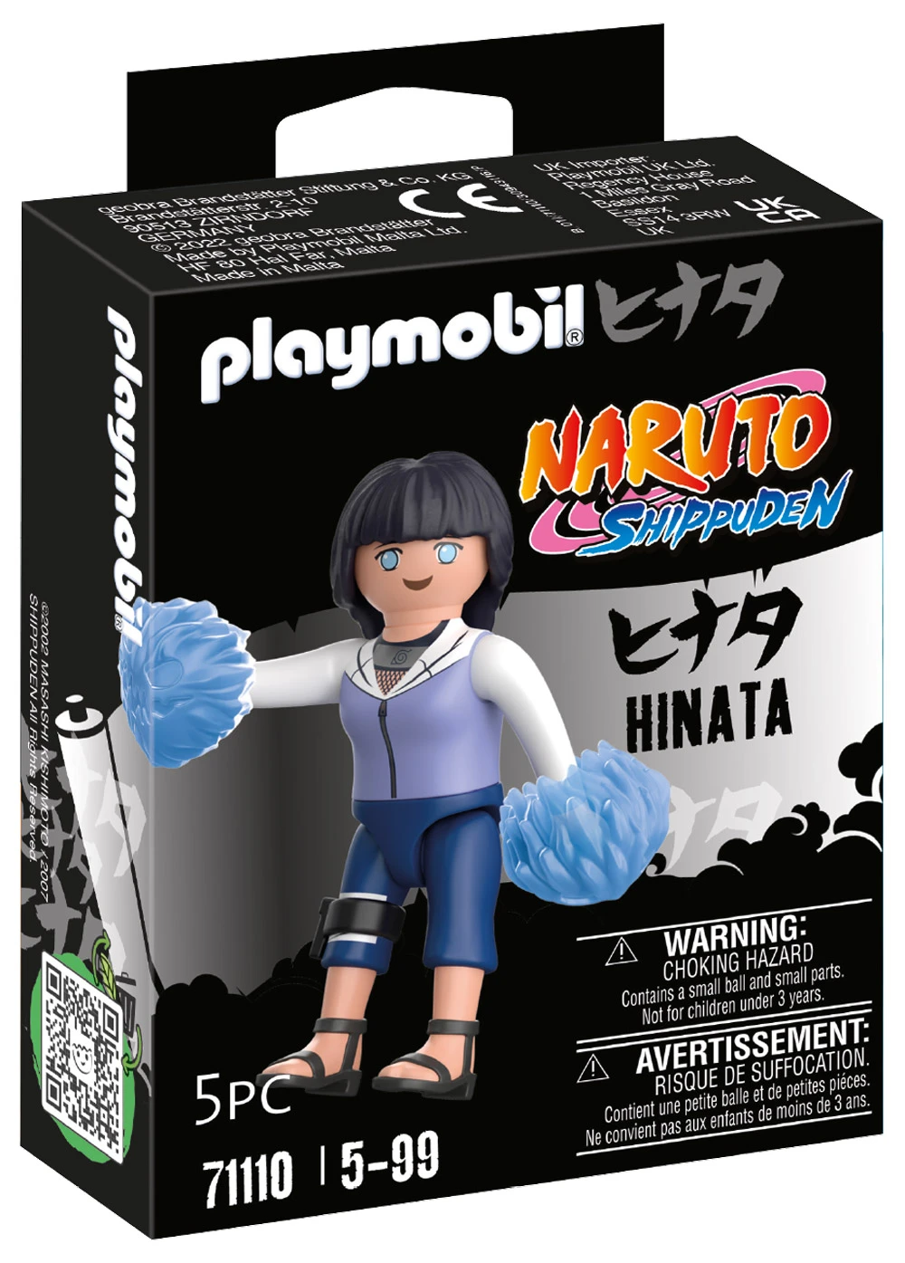 Verpackte Playmobil Naruto Shippuden Hinata Figur. Hinata hat blaue, energieartige Hände. Die Box ist schwarz, mit japanischem Text und Warnhinweisen.
