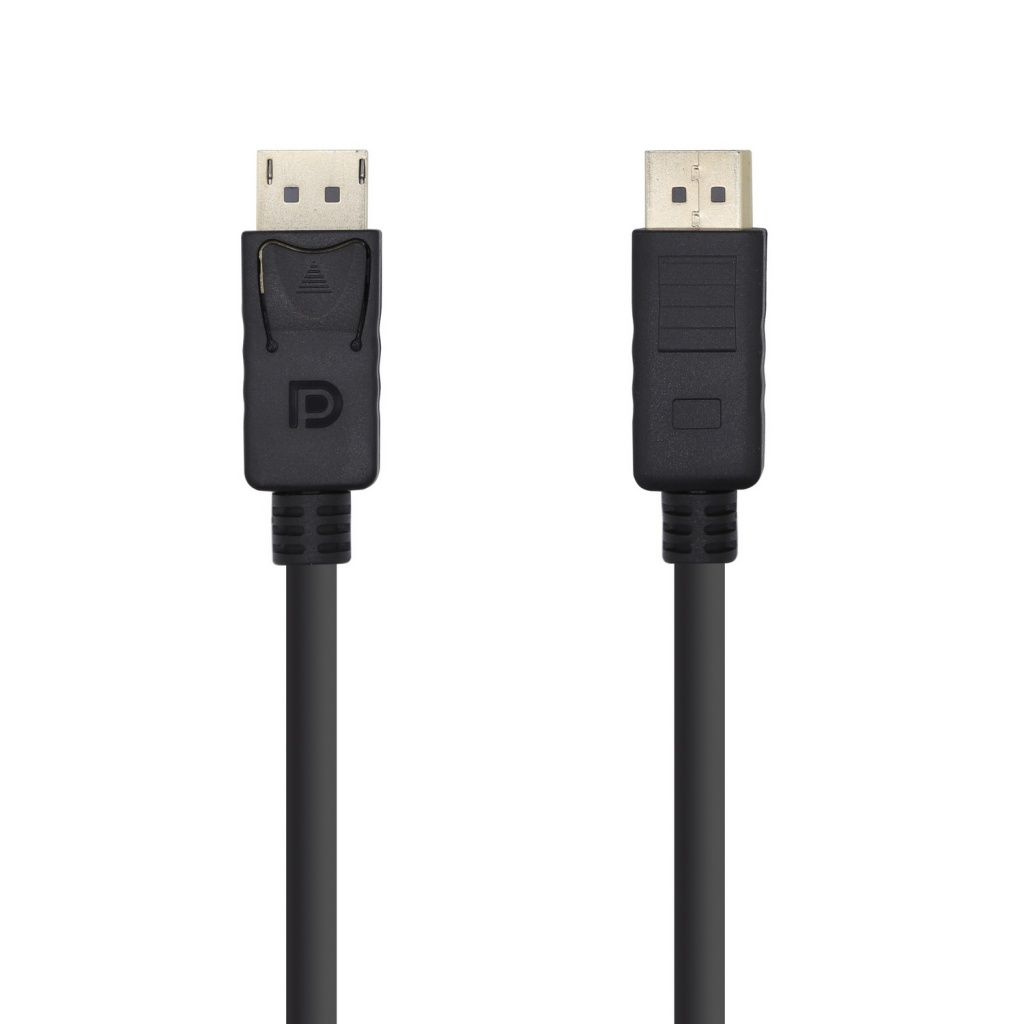 Dos cables DisplayPort negros. Conectores en la parte superior con cable negro hacia abajo. Fondo blanco.