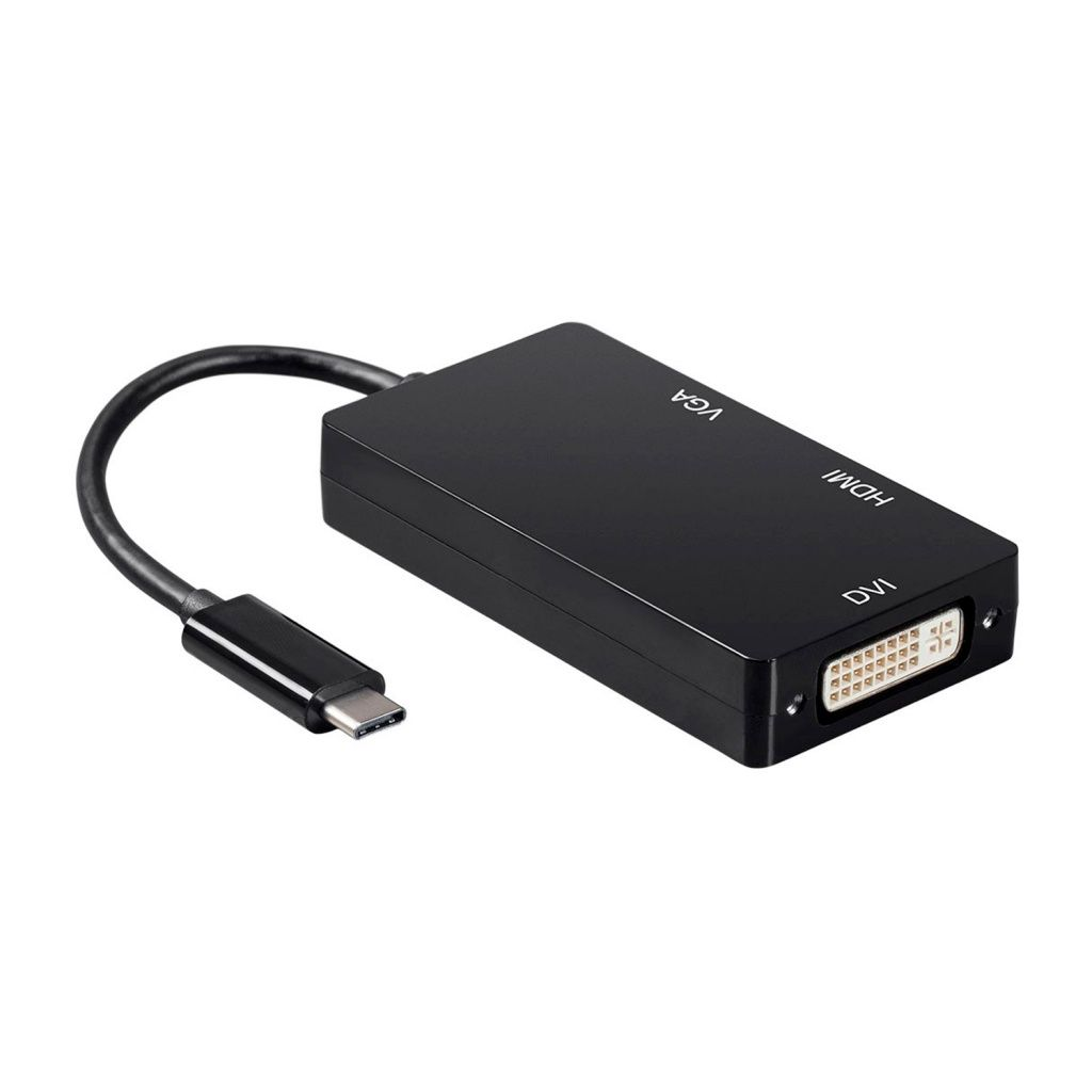 Un adaptador negro con un conector USB-C y múltiples puertos de salida: VGA, HDMI y DVI. El dispositivo está sobre un fondo blanco.
