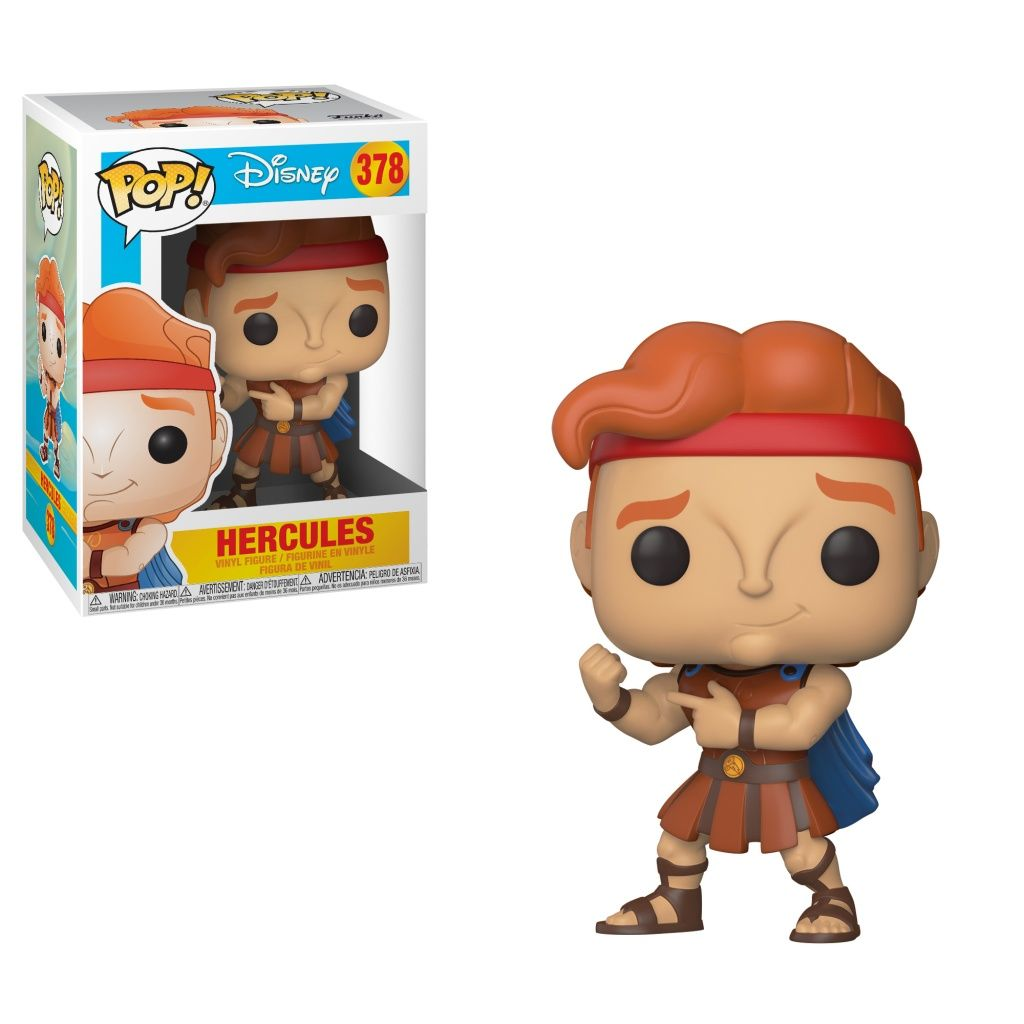 Figurka Hercules Funko Pop stoi obok swojego pudełka. Figurka ma pomarańczowe włosy, czerwoną opaskę i brązowy strój. Pudełko jest po lewej stronie.