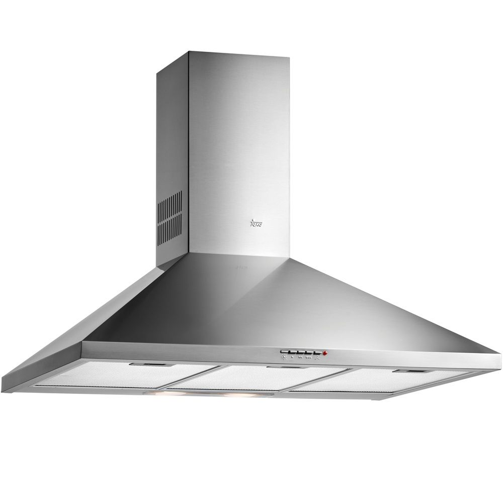 Campana extractora de acero inoxidable. Tiene una chimenea rectangular y una parte inferior trapezoidal con luces y controles.