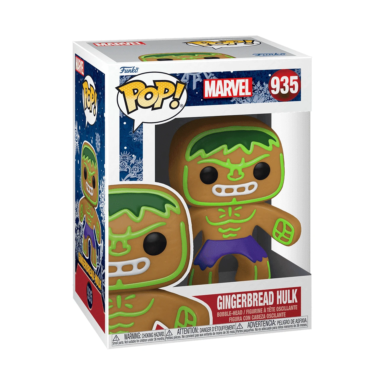 Una scatola Funko Pop con una figura di Hulk pan di zenzero. La figura è marrone con glassa verde e pantaloncini viola. La scatola ha il marchio Marvel.