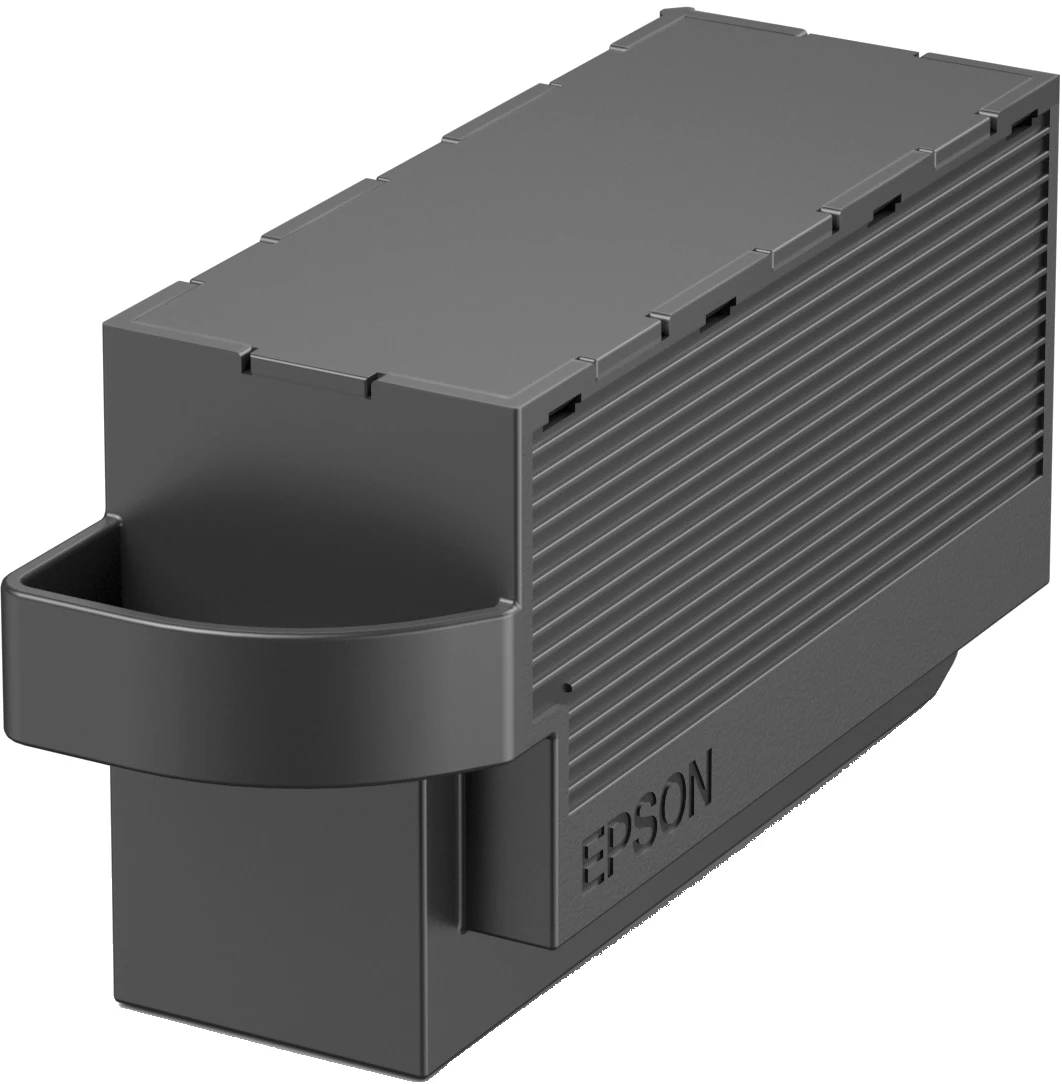 Un cartucho de tinta Epson gris oscuro. Tiene forma rectangular con un asa curva en el lateral. Se ve el logotipo de Epson.