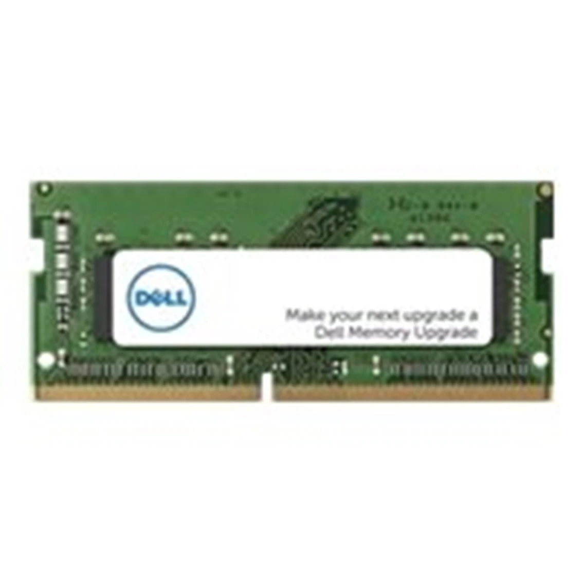 Una actualización de memoria Dell. La placa de circuito verde tiene el logotipo de Dell en una etiqueta blanca, con texto debajo. Es un módulo RAM.