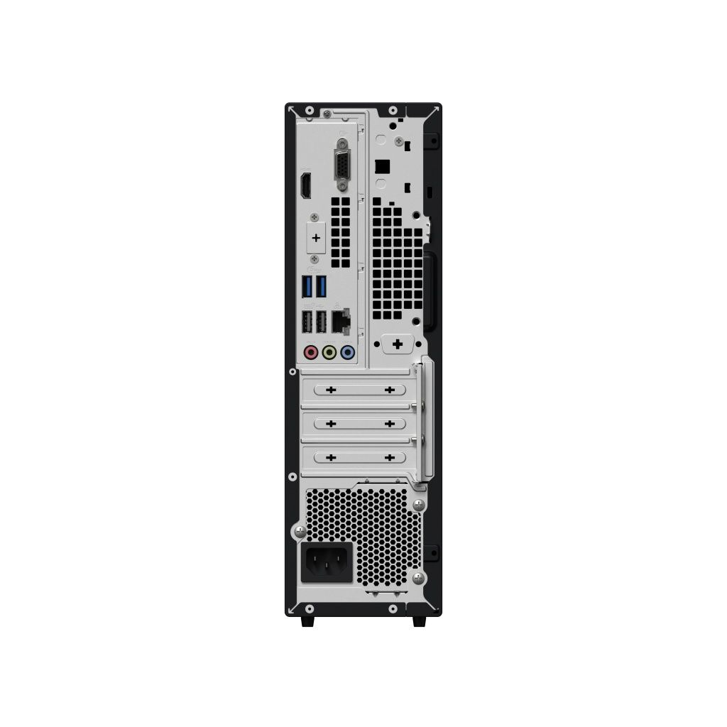 Achteraanzicht van een zwarte desktopcomputer. Het toont verschillende poorten, ventilatieopeningen en een stroomingang. Het ontwerp is functioneel en compact.