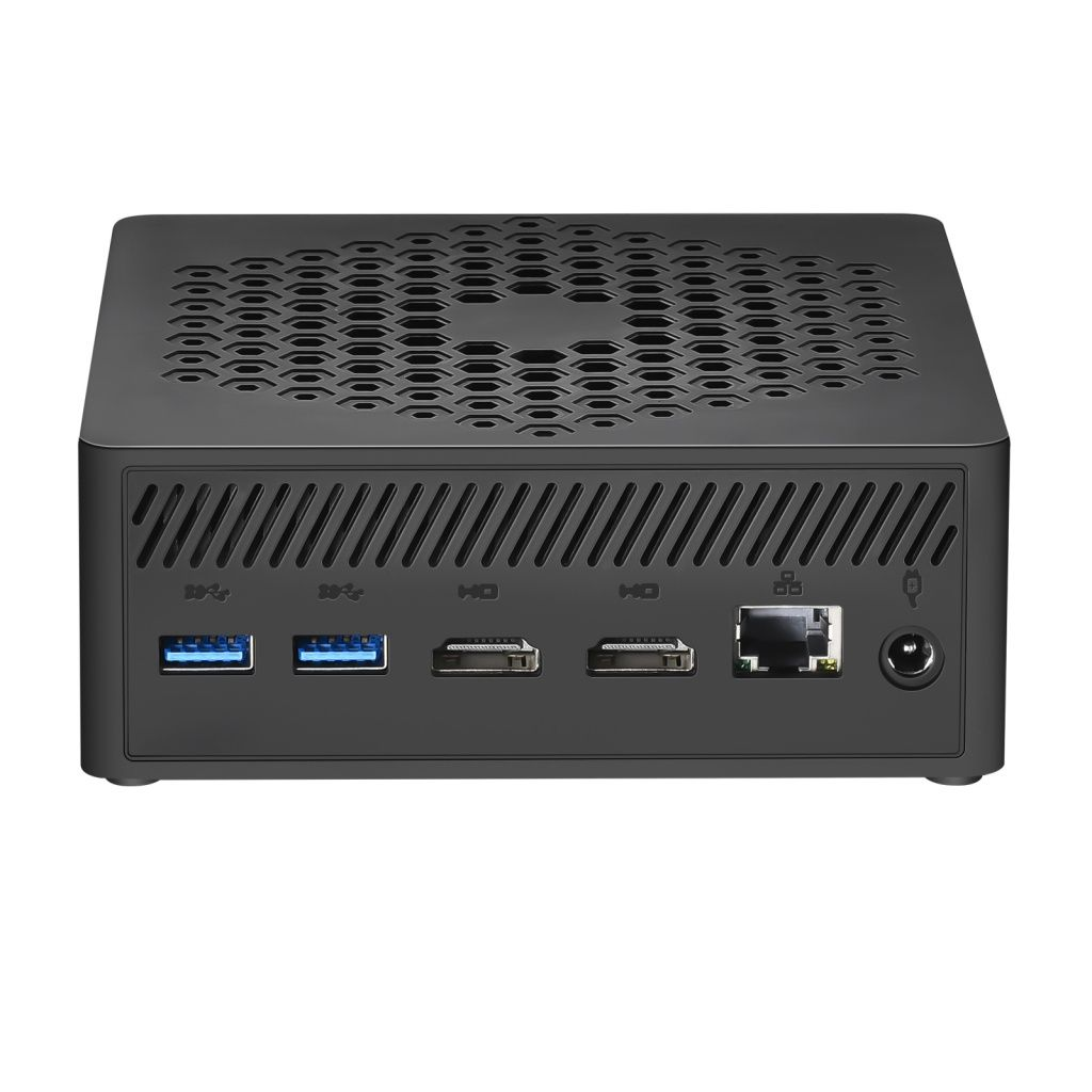 Un mini-computer nero con varie porte visibili, tra cui USB, HDMI ed Ethernet. La parte superiore ha una griglia di ventilazione.