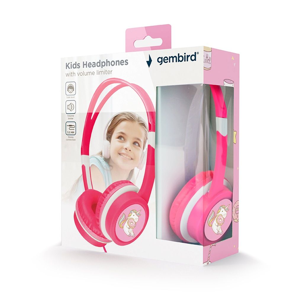 Pink kids' headphones in a box. The box shows a girl wearing the headphones. Unicorn design on earcups. Gembird brand.