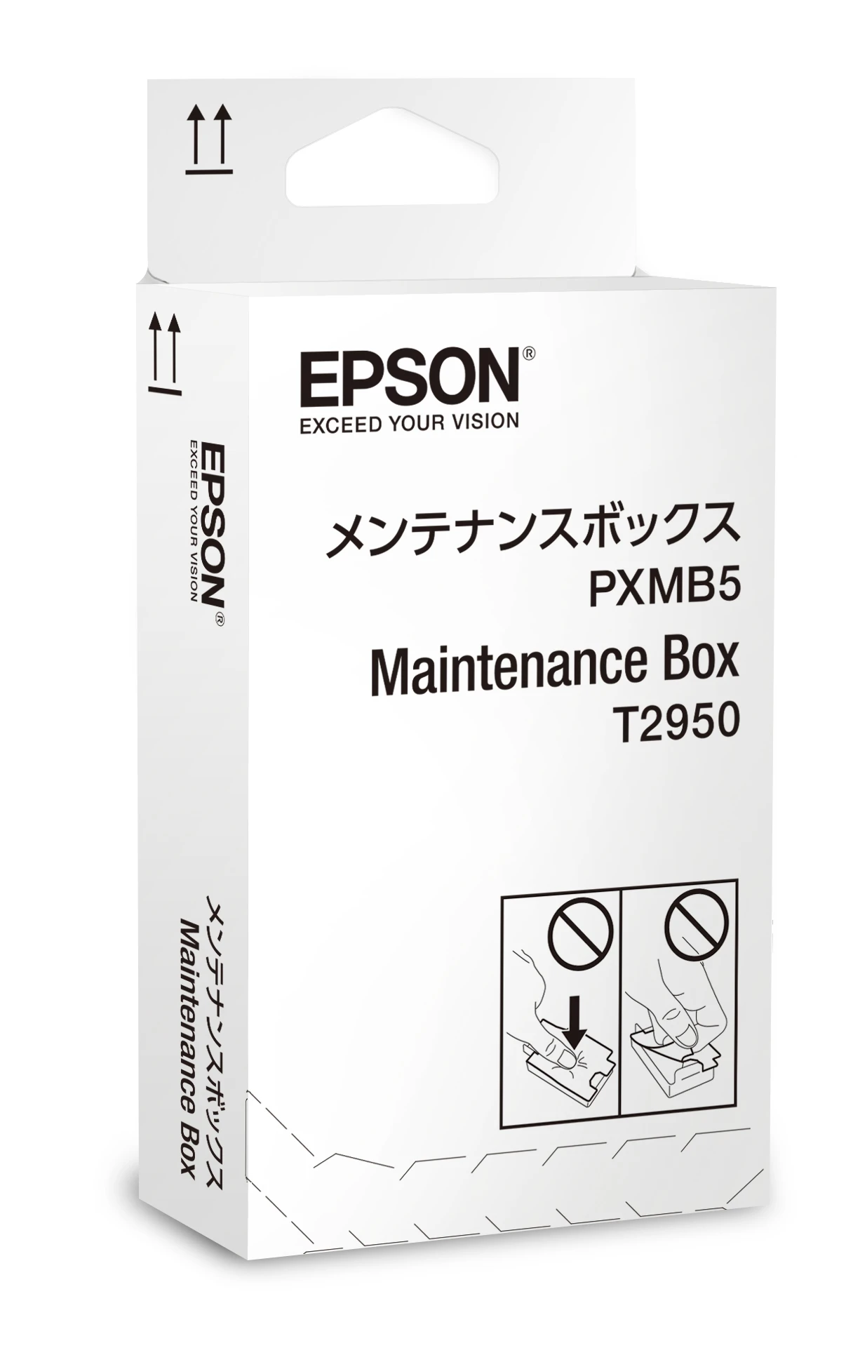 Eine weiße Epson Wartungsbox. Die Box hat japanische und englische Texte, darunter 'Maintenance Box' und 'PXMB5 T2950'.