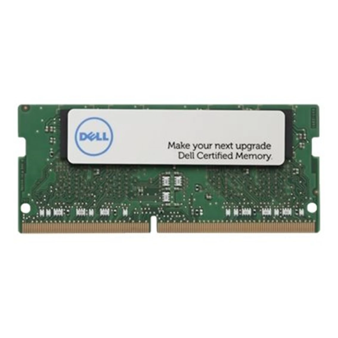 Un modulo RAM Dell, PCB verde con logo Dell e testo 'Make your next upgrade Dell Certified Memory'.
