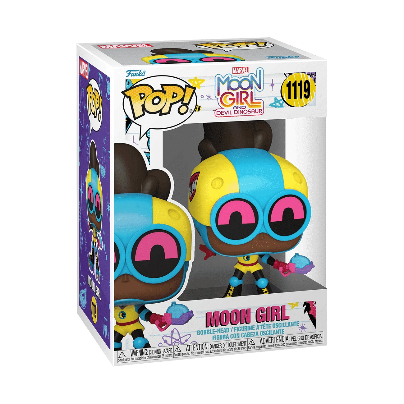 Pudełko Funko Pop przedstawia Moon Girl. Figurka ma żółto-niebieski hełm i trzyma różowo-niebieskie urządzenie. Pudełko ma markę Marvel.