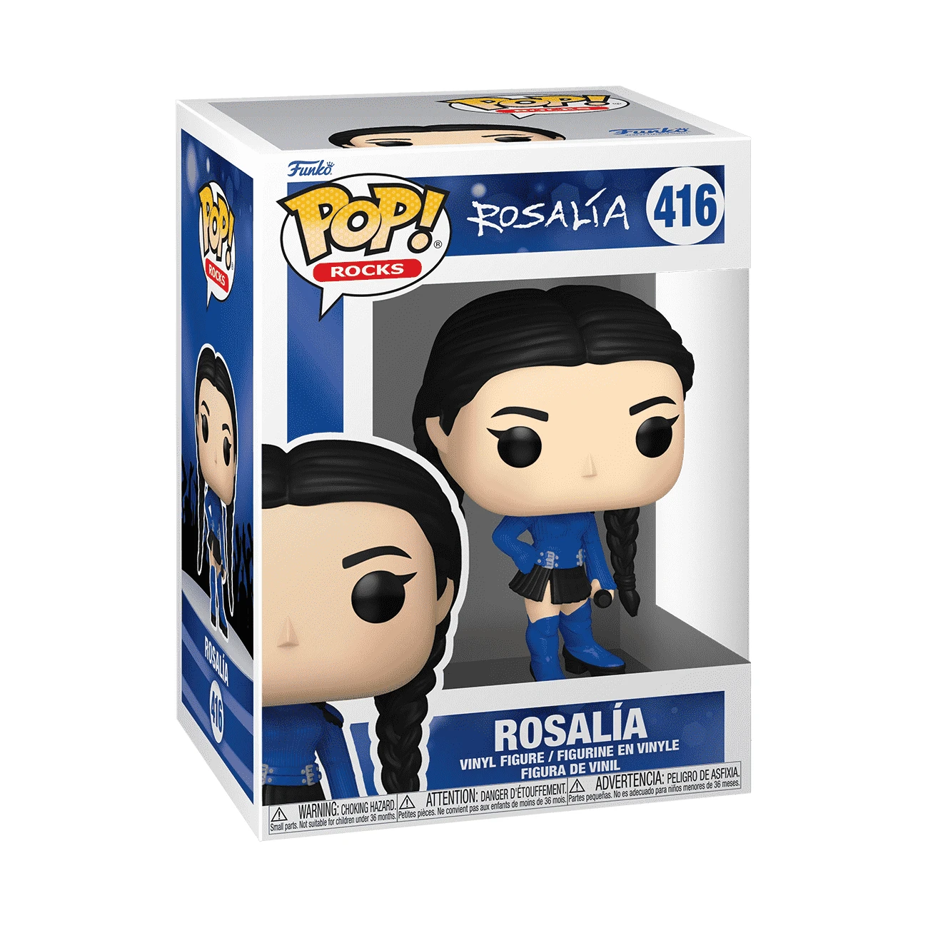 Una caja de Funko Pop con Rosalía. La figura lleva un traje azul con una trenza. La caja es blanca y azul con el logo de Funko Pop.