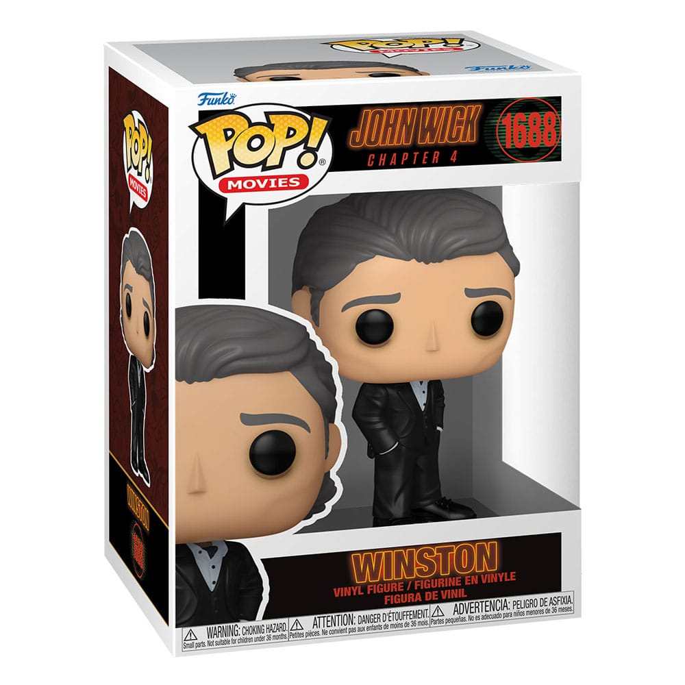 Una caja Funko Pop de Winston de John Wick 4. La figura tiene un traje negro y pelo gris. La caja es blanca y negra.