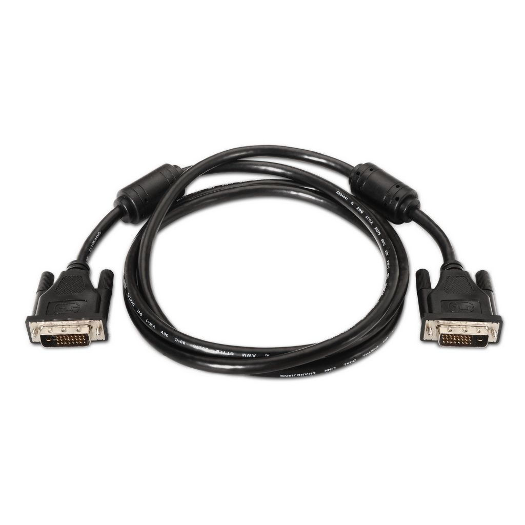 Un cable DVI negro con conectores en ambos extremos, el cable está curvado en un círculo, y el fondo es blanco.