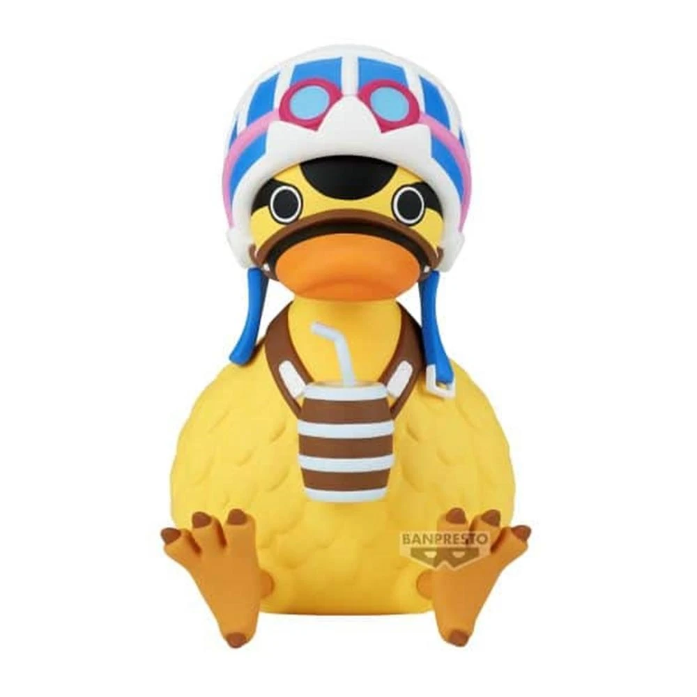 Una figura de pato amarillo con casco blanco con rayas rosas y azules y gafas, sosteniendo una bebida.