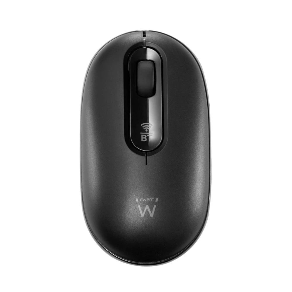 Un mouse wireless nero con rotella e logo BT. Il marchio 'ewent' e la lettera 'W' sono visibili sul mouse.