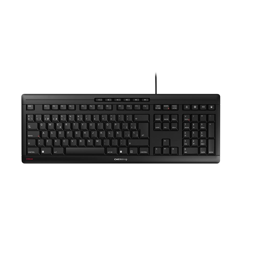 Eine schwarze Cherry Stream-Tastatur. Sie hat weiße Buchstaben und Zahlen. Ein Kabel kommt von oben.