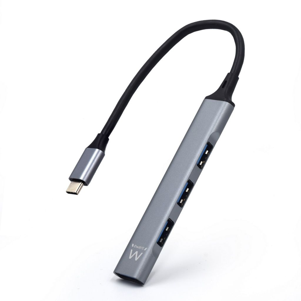 Un hub USB grigio con cavo nero. Ha più porte e un connettore USB-C. Il marchio 'ewent' è visibile.