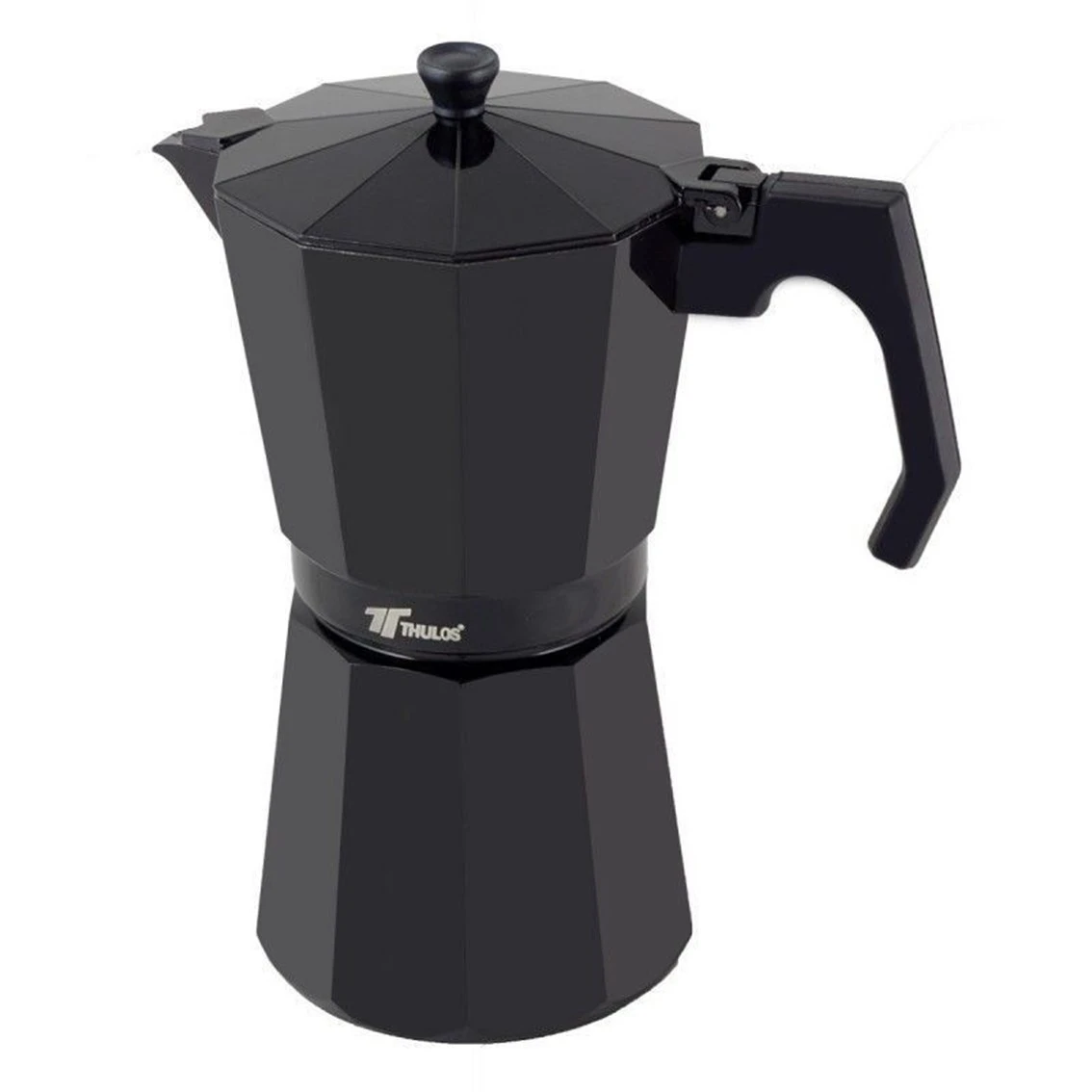 Una cafetera Moka negra con asa y tapa. La cafetera tiene un diseño geométrico y la marca THULOS es visible.