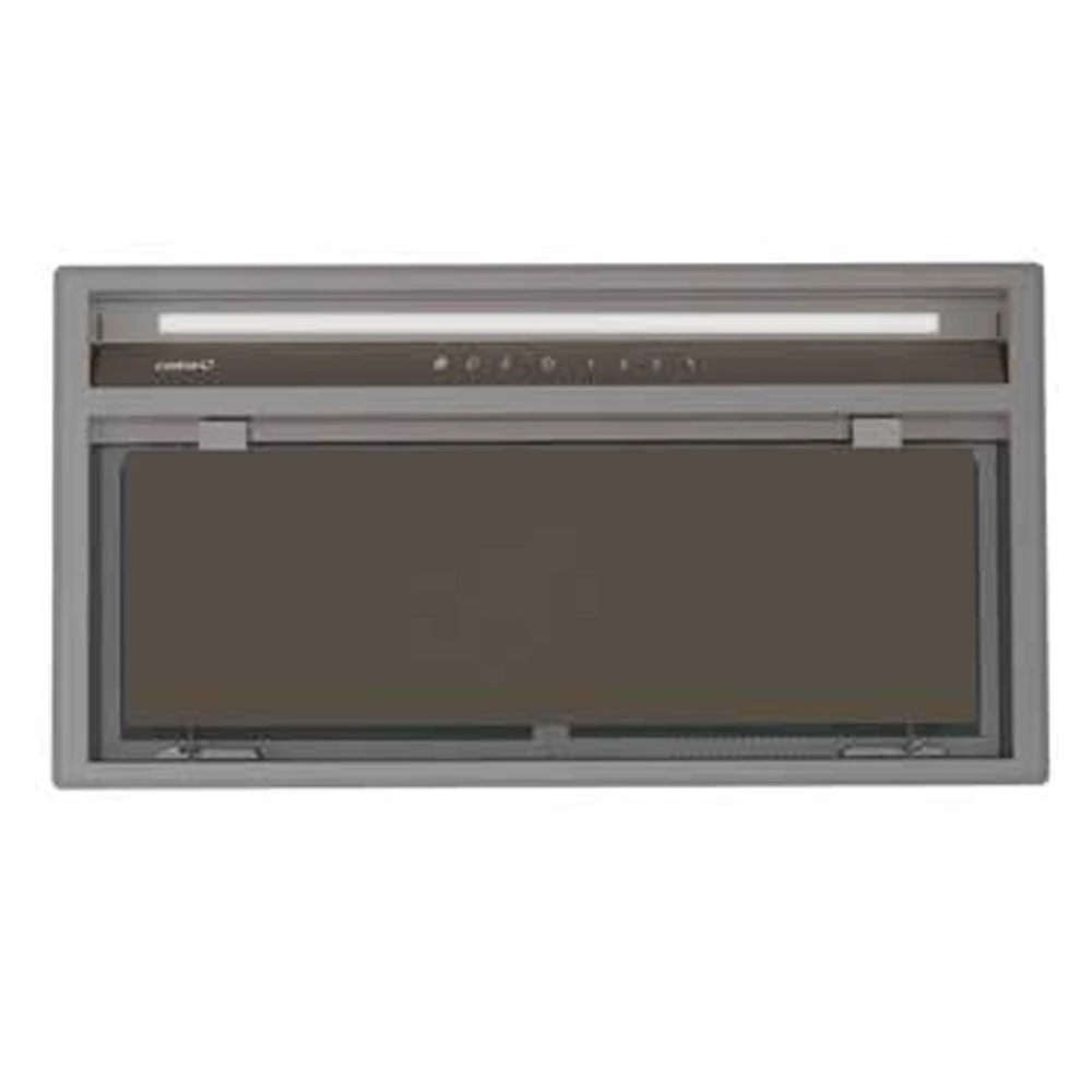 Una campana de cocina rectangular con un panel frontal marrón oscuro y una tira de luz. Tiene un marco gris y varios botones de control.