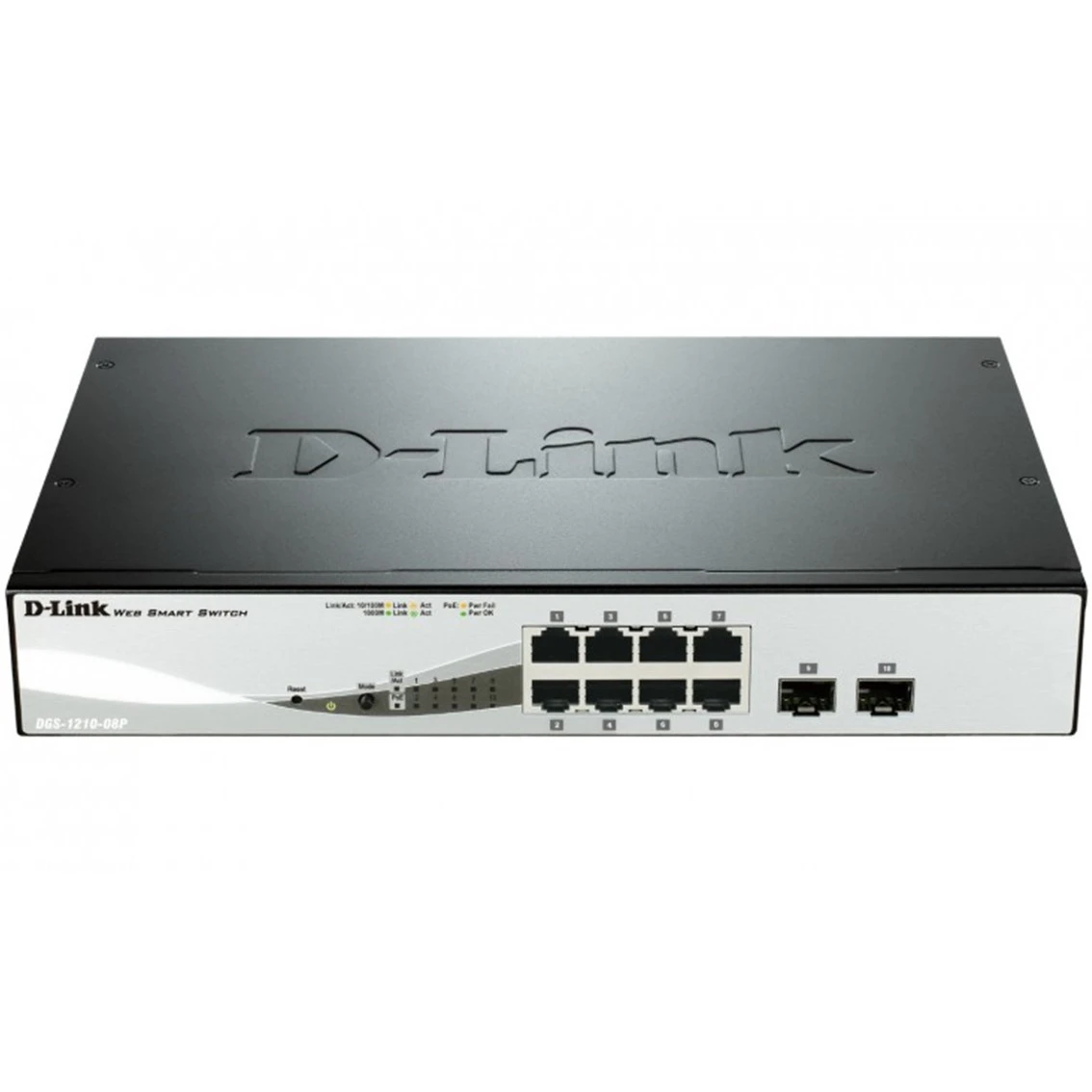 Ein schwarzer D-Link Web Smart Switch DGS-1210-08P ist zentriert und zeigt Anschlüsse, Lichter und den Markennamen auf weißem Hintergrund.