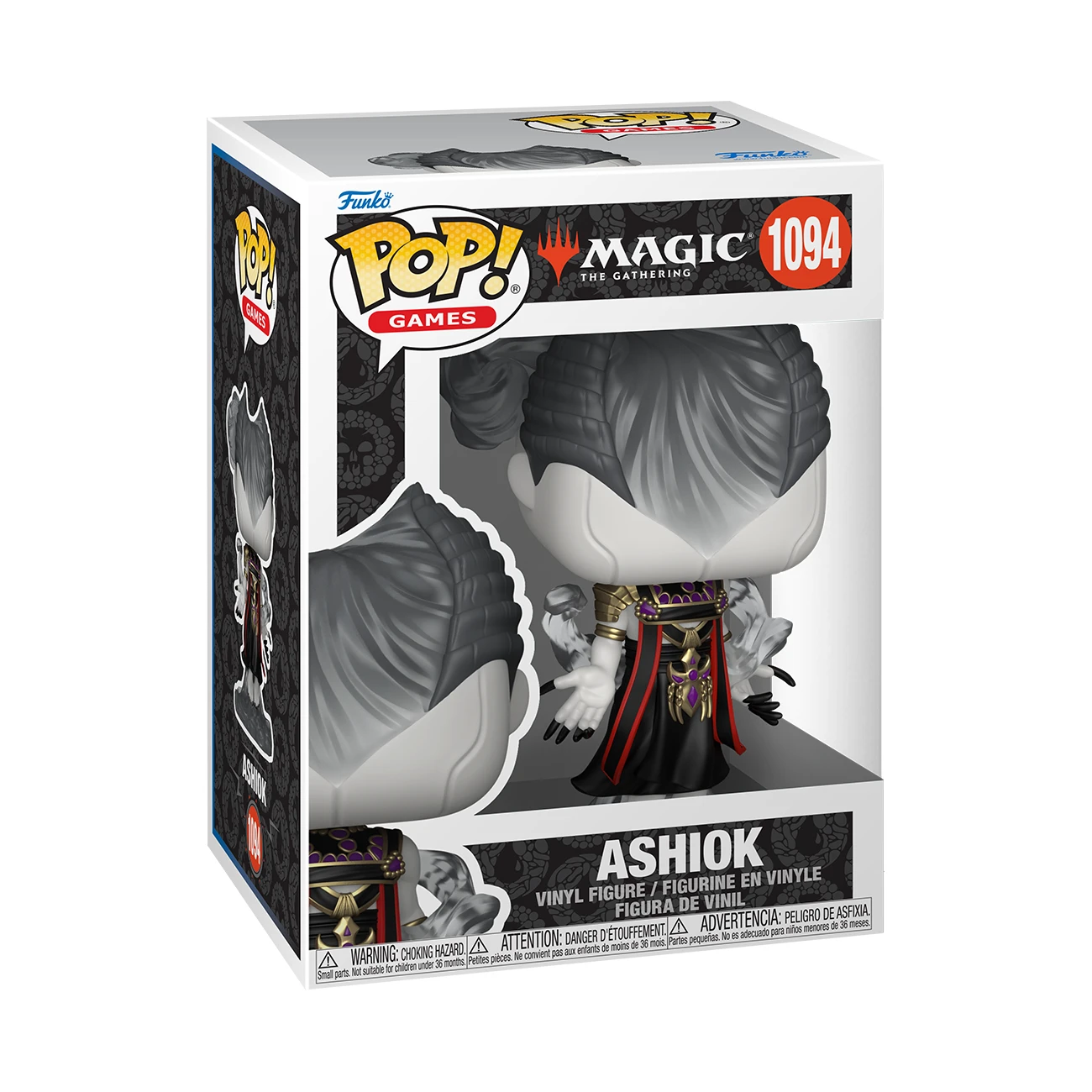 Una figura Funko Pop di Ashiok da Magic: The Gathering. La scatola è bianca con dettagli neri e il logo Funko Pop.