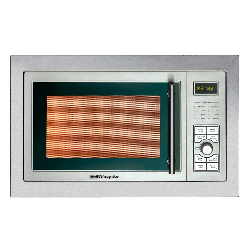 Un horno microondas de acero inoxidable. La pantalla muestra 88:88. Hay opciones de menú de cocción y botones de control a la derecha.