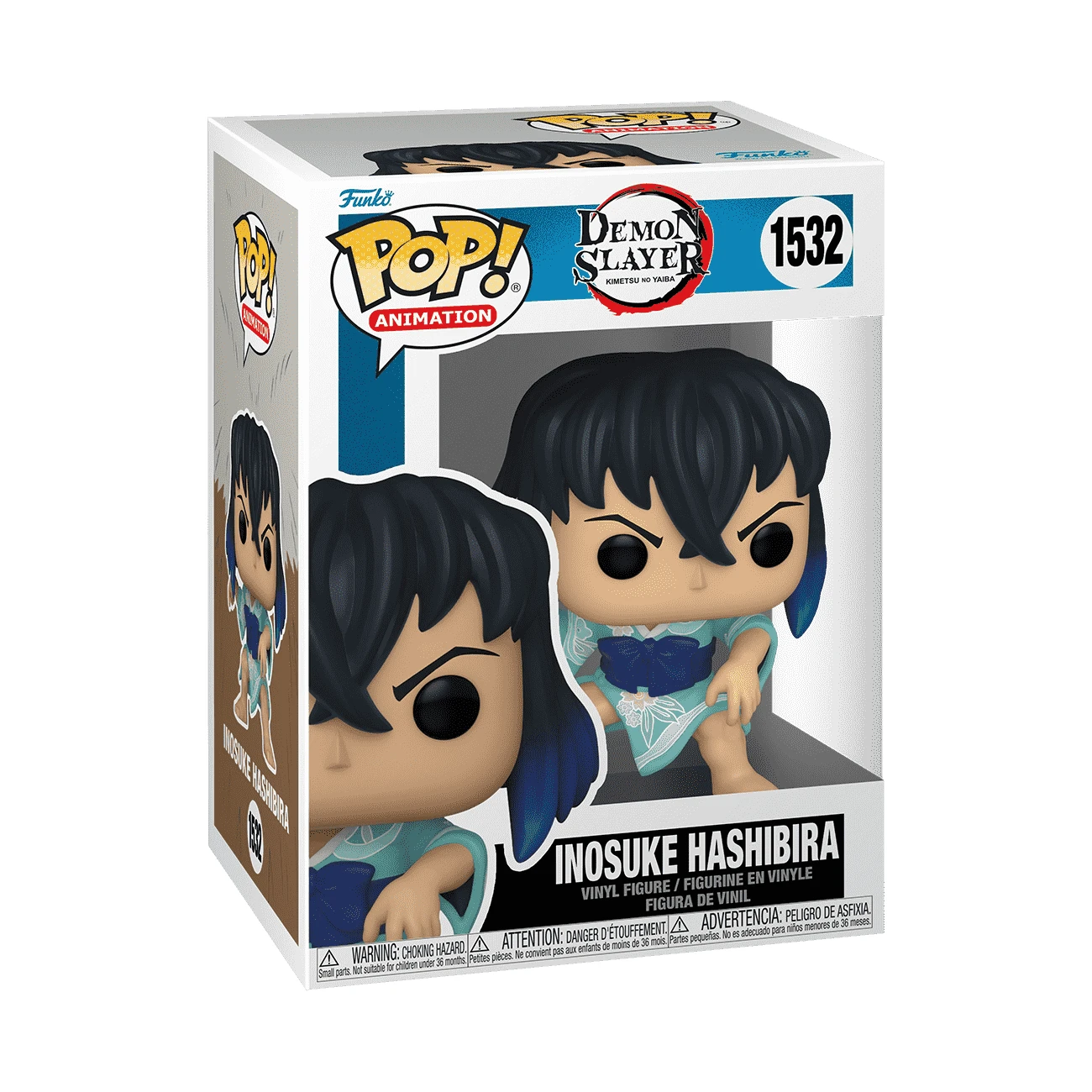 Figura Funko Pop de Inosuke Hashibira de Demon Slayer. La figura tiene pelo negro y azul, lleva un kimono azul. En caja.