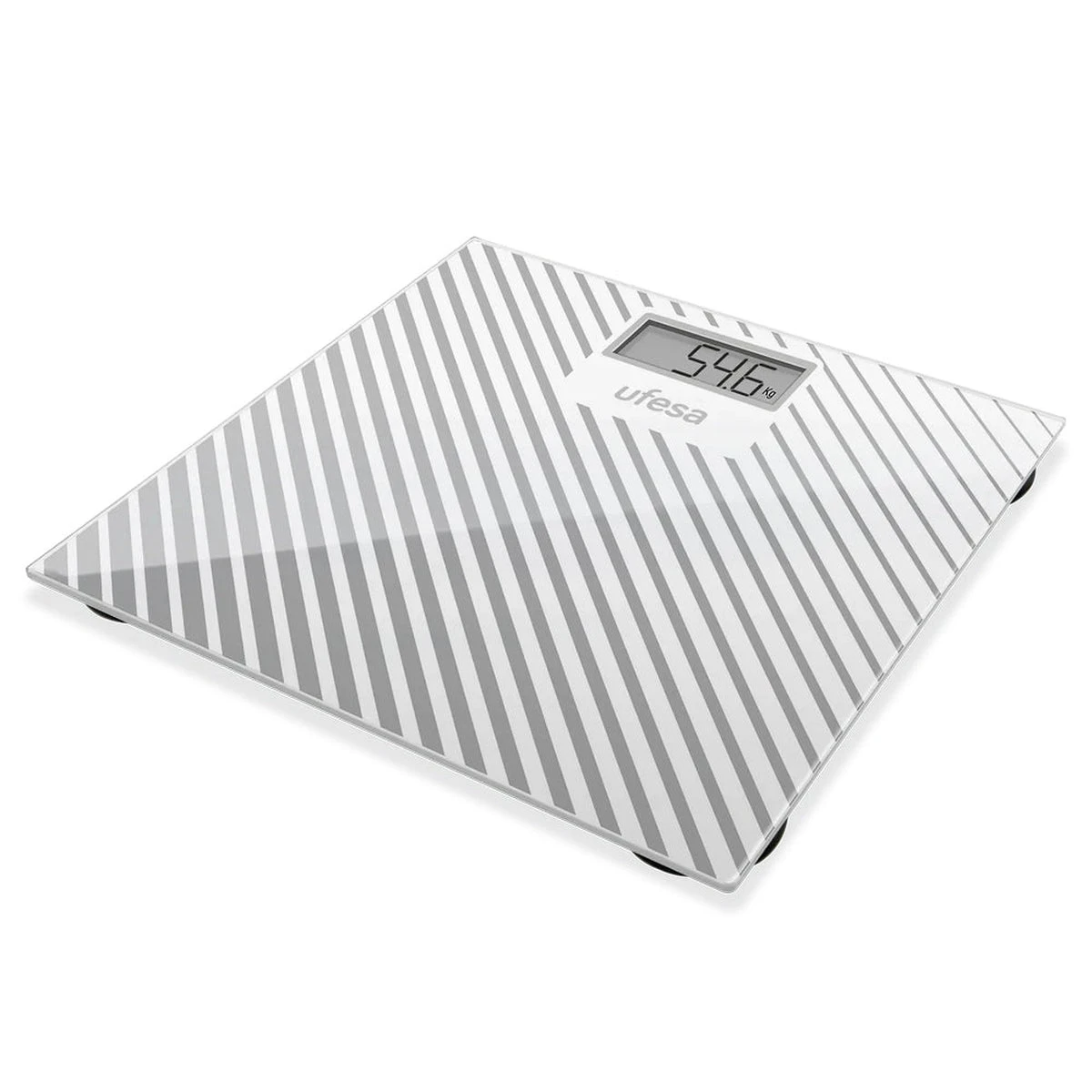 Una báscula digital con superficie a rayas blancas y grises, que muestra 54,6 kg. Se ve la marca 'ufesa'.