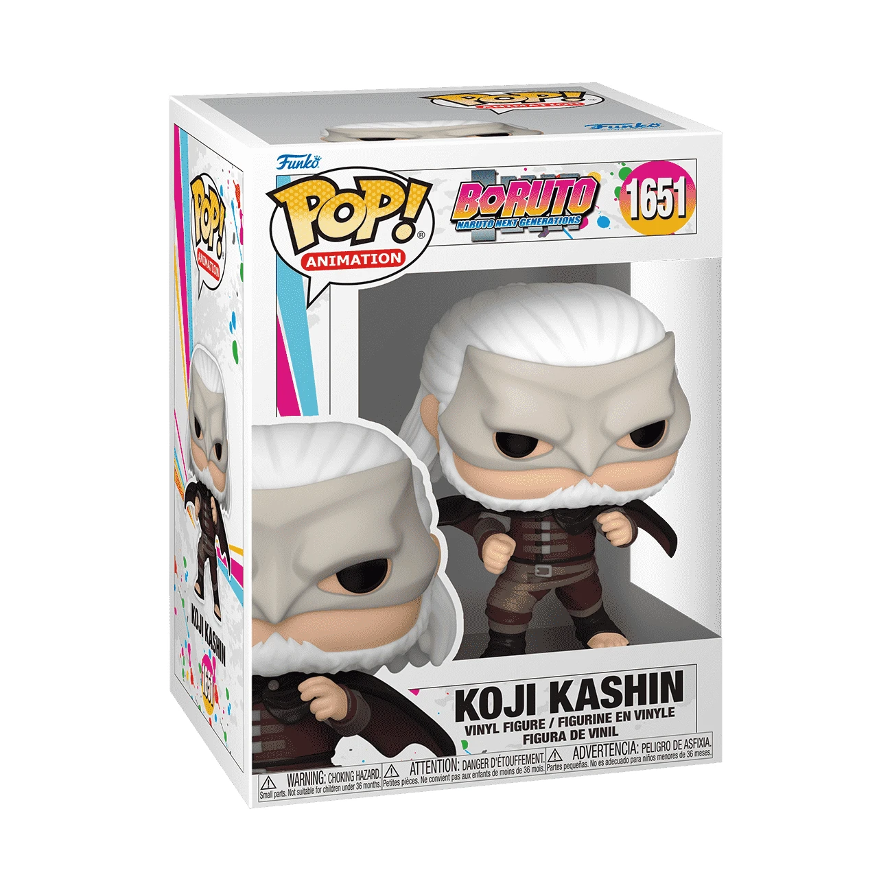 Una scatola Funko Pop presenta una figura di Koji Kashin da Boruto. La figura indossa una maschera e un vestito. La scatola ha una grafica colorata.