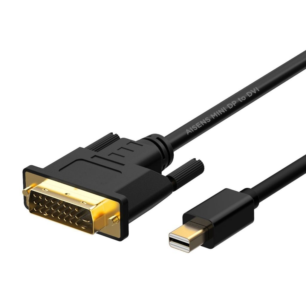 Un cable negro con un conector DVI y un conector Mini DisplayPort. El cable está etiquetado como 'AISENS MINI DP to DVI'.