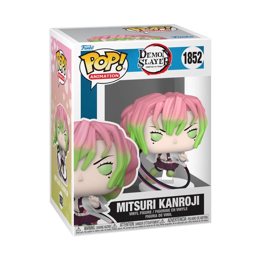 Verpackte Funko Pop Figur von Mitsuri Kanroji. Sie hat rosa und grüne Haare, grüne Augen und trägt ein weißes und lila Outfit.