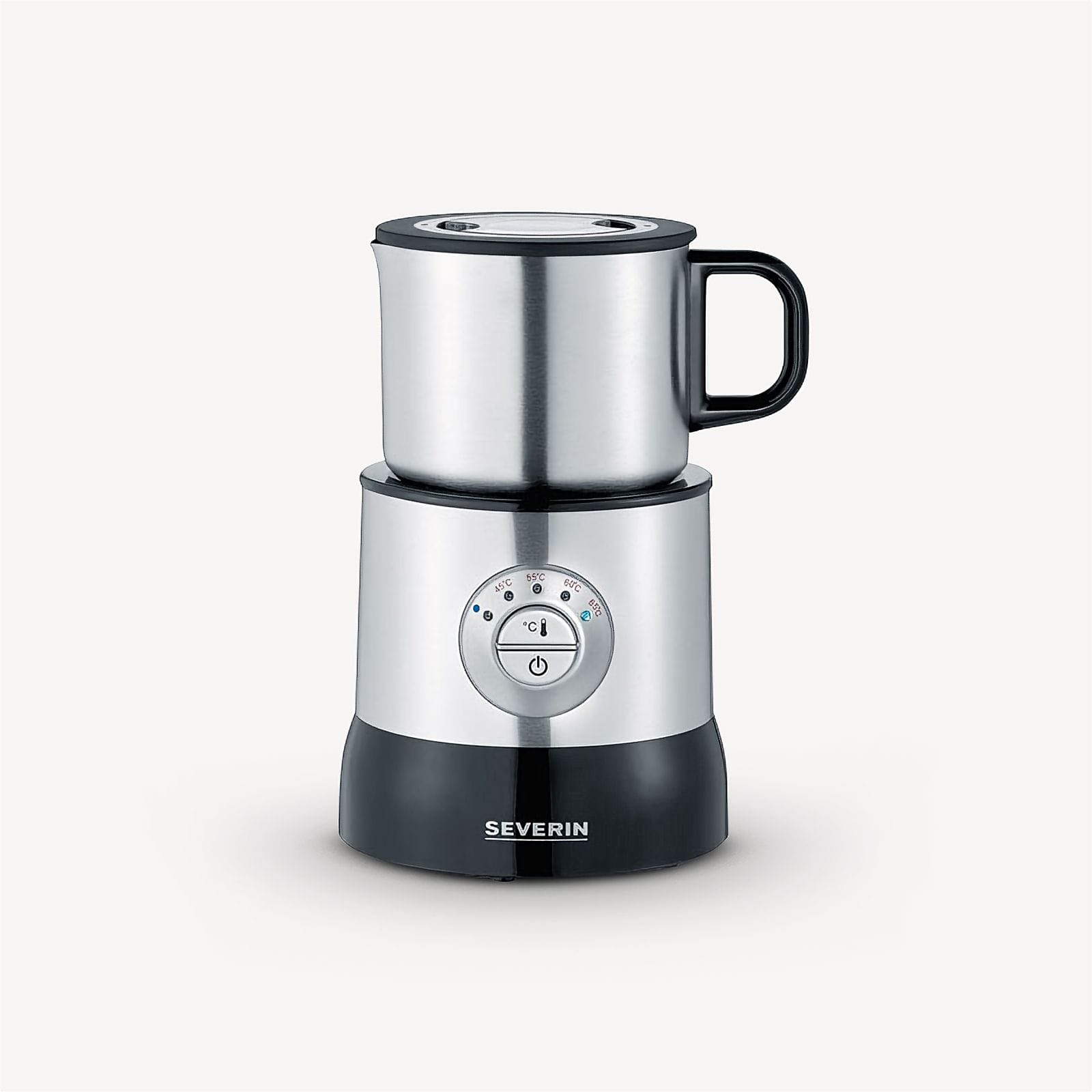 A stainless steel milk frother with a black handle and base, with temperature settings and the brand name Severin.