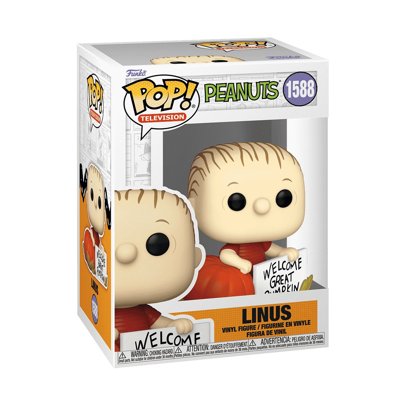 Figurka Funko Pop! Linusa z Peanuts, trzymająca znak 'Welcome Great Pumpkin'. Ma czerwoną koszulę i jest w pudełku.