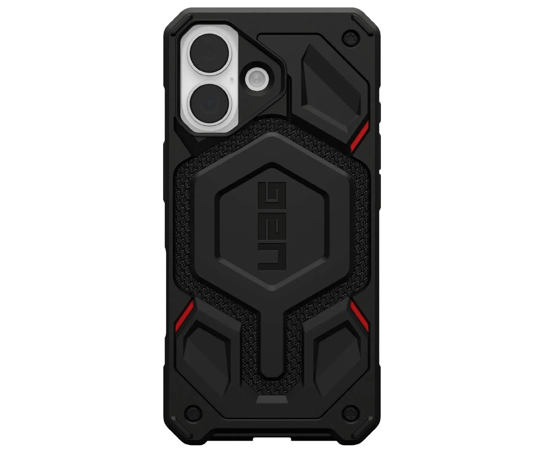 Custodia nera per telefono con design strutturato, dettagli rossi e logo UAG. Presenta un ritaglio per la fotocamera.