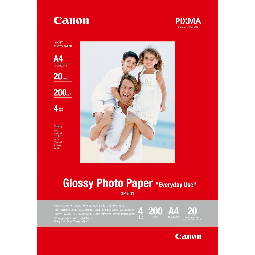 Canon Fotopapier-Anzeige. Ein Mann trägt zwei Kinder. Text: A4, 20 Blatt, 200g/m². Glänzendes Fotopapier „Everyday Use“.